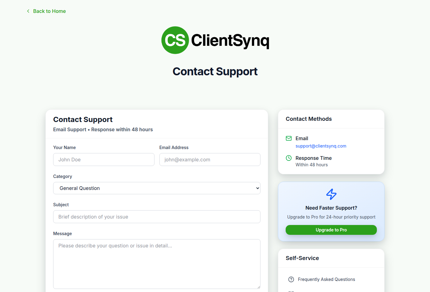 Contact Support page → contact form and Contact Methods box